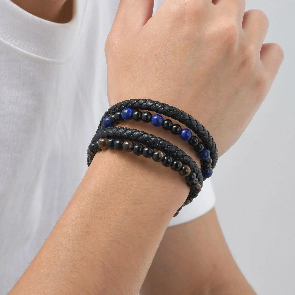 Punk Men Natural Stone Stackable Leather Bracelet,Multilayer Braided PU Wristband with Magnetic Buckle,Punk Casual Jewelry Gift