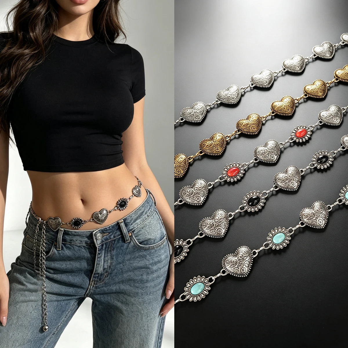 Silver Heart Waist Belly Chain for Women Sexy Autumn Dress Jeans Belt Adjustable Body Chain Festival Jewelry Accessories