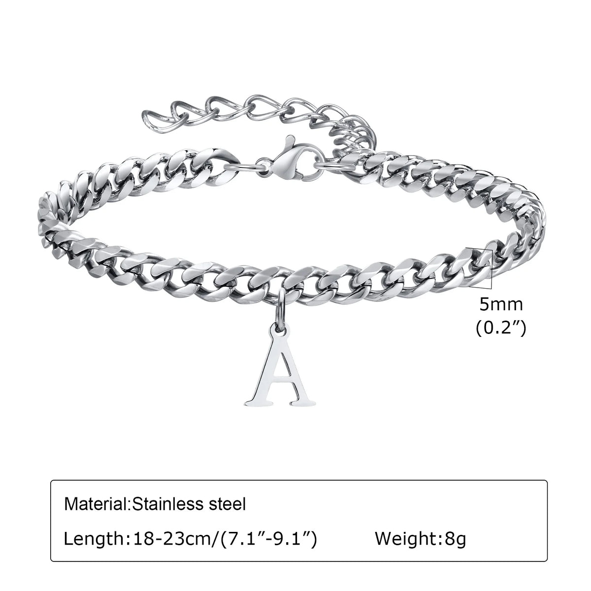 Mens Initials Cuban Links Bracelets,Stainless Steel A-Z 26 Letters Alphabet Charm Chain Wristband Adjustable,Casual Jewelry Gift