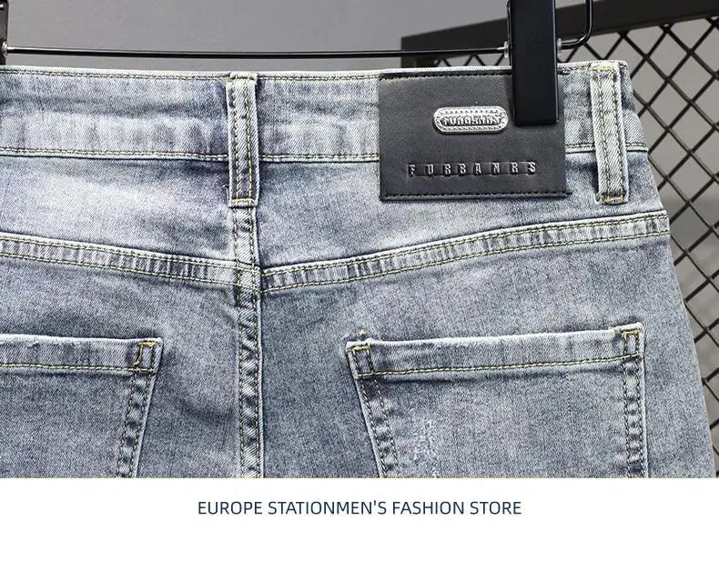 New Kpop Summer Casual Knee Length Men's Jeans Shorts Fashion Embroidered Rabbit Printed Hot Drilled Slim Thin Short Trousers