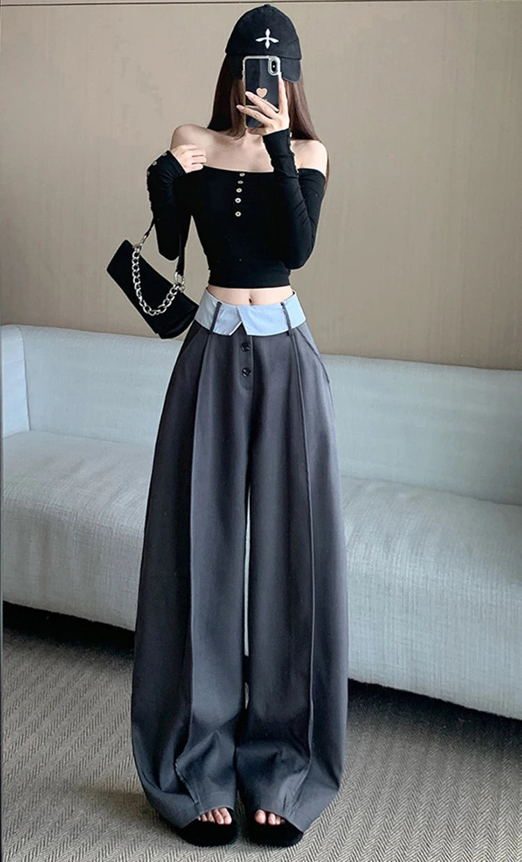 Suit wide leg pants women's autumn and winter striped patchwork high waisted casual fashion versatile straight leg pants
