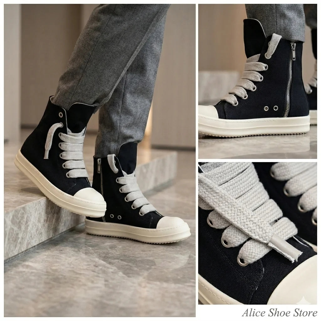 PENDRA Midnight Canvas Black Canvas High-Top Jumbo-Lace Platform Ankle Boots