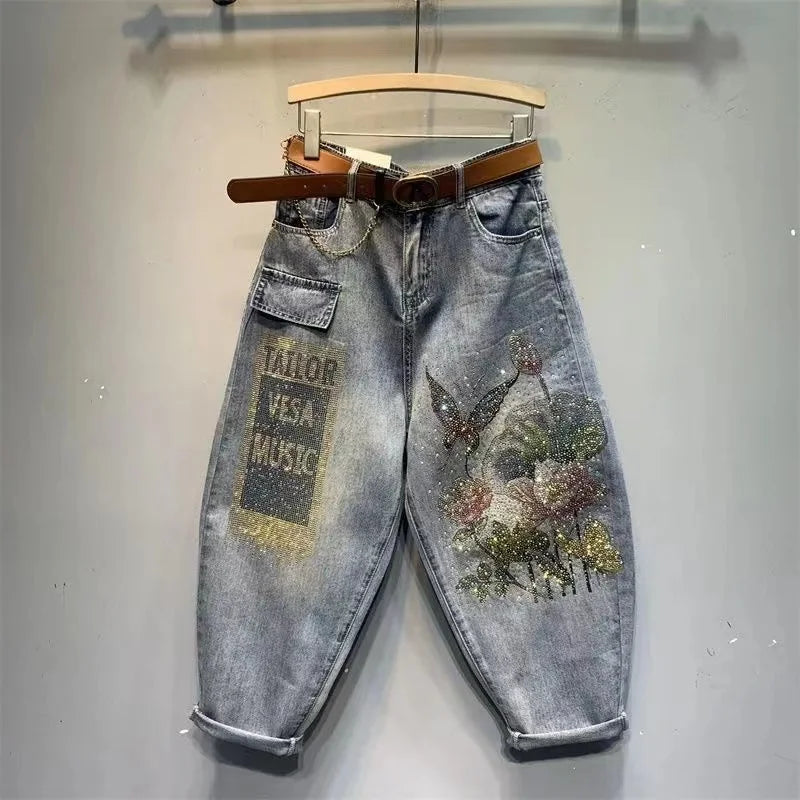 High Waisted Jeans 2023 Spring and Summer New Heavy Embroidery Hot Diamond Printed Loose Washed-out Elastic Waist Jeans Women
