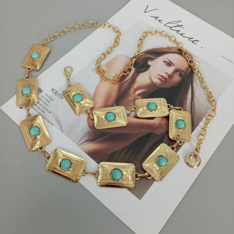 PENDRA Elaraeva Blue Gemstone Luxury Waist Chain Belt