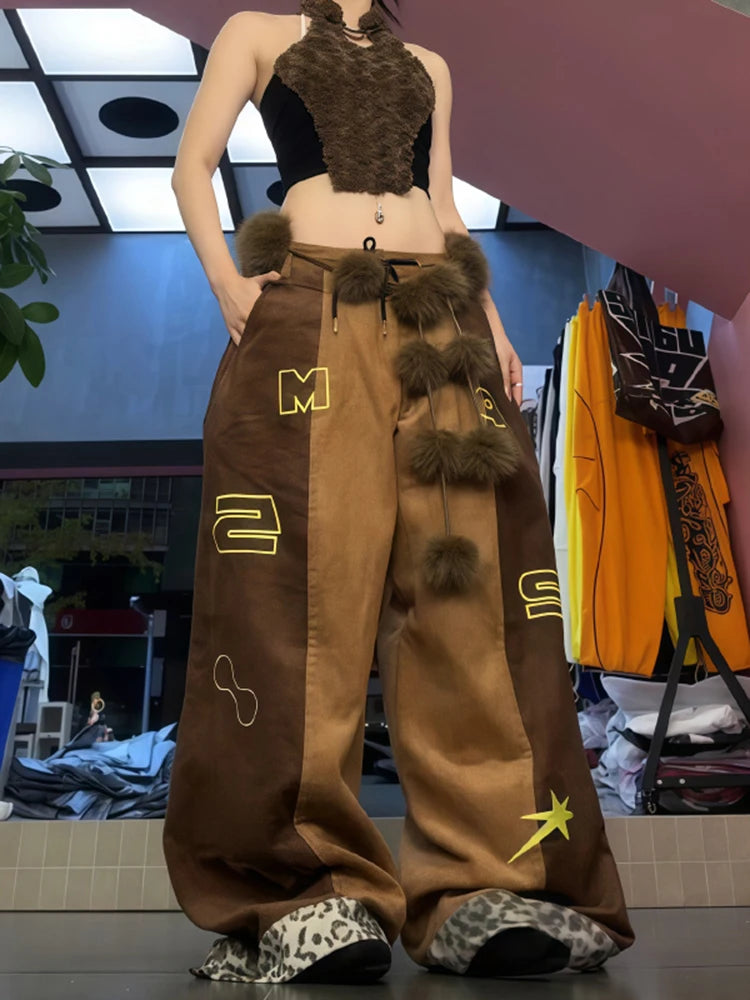 Retro leopard print patchwork brown casual pants women autumn winter plush embroidery street personality loose dance pants