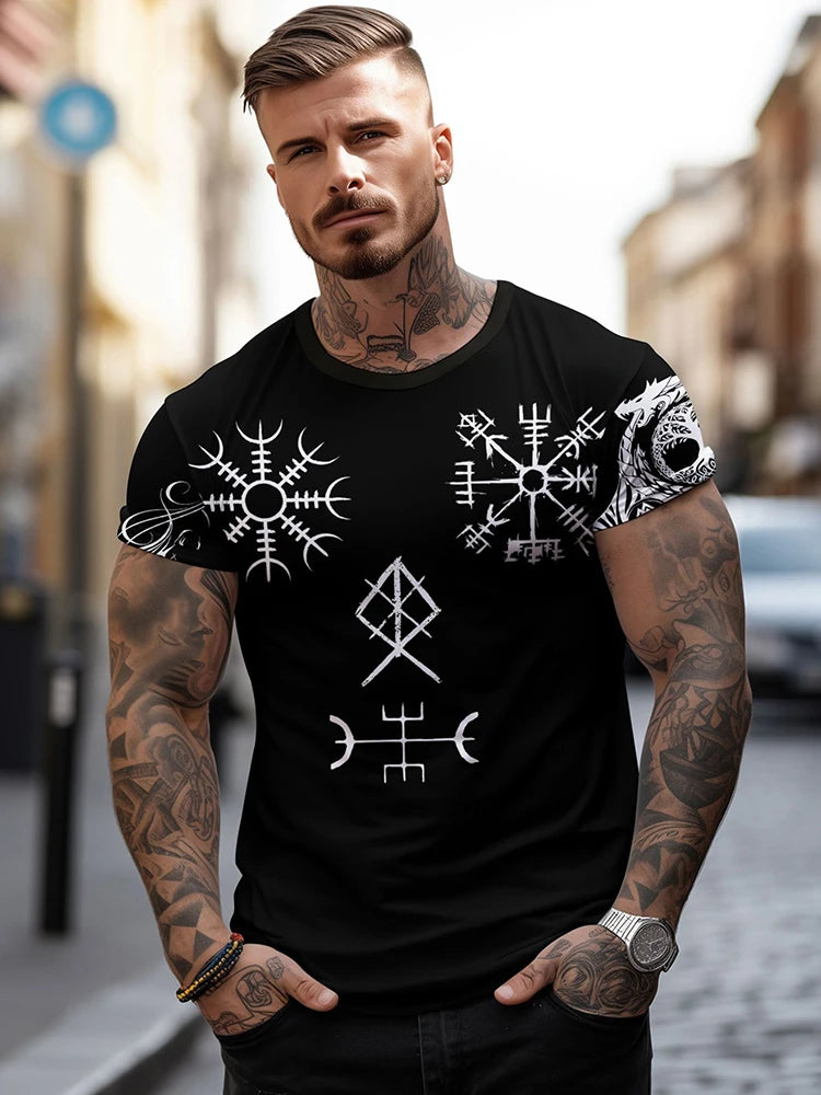 Viking-style Nordic Mythology Print Men's T-shirt Outdoor Street Sport Fitness Short-sleeved Shirt Daily Casual Fashionable Top
