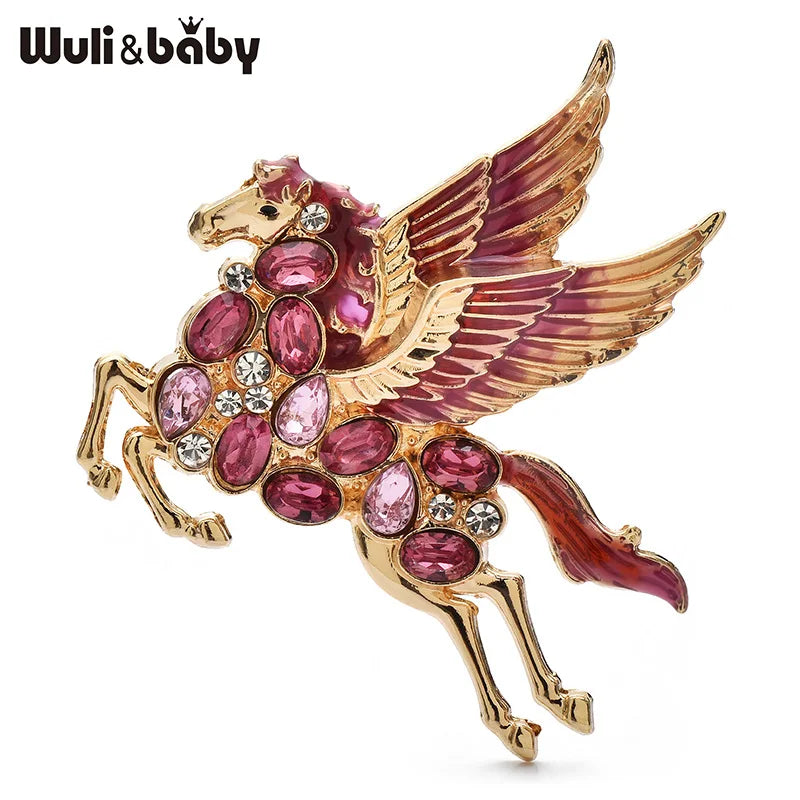 Wuli&baby Rhinestone Flying Elf Horse Brooches For Women Unisex 3-color Enamel Horse Animal Party Brooch Pins New Year Gifts