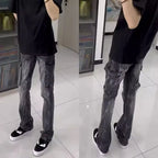 Fashion 2026 Lightning Pattern Men's High Street Design Straight Pants Trendy Brand Retro Wide-leg Trousers Grey Washed Jeans