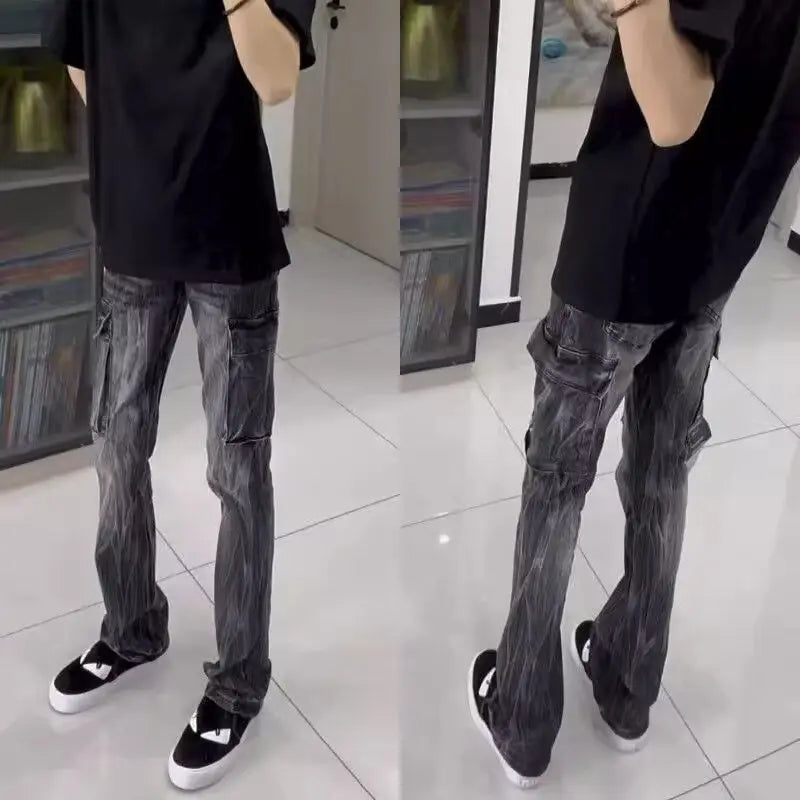 Fashion 2026 Lightning Pattern Men's High Street Design Straight Pants Trendy Brand Retro Wide-leg Trousers Grey Washed Jeans