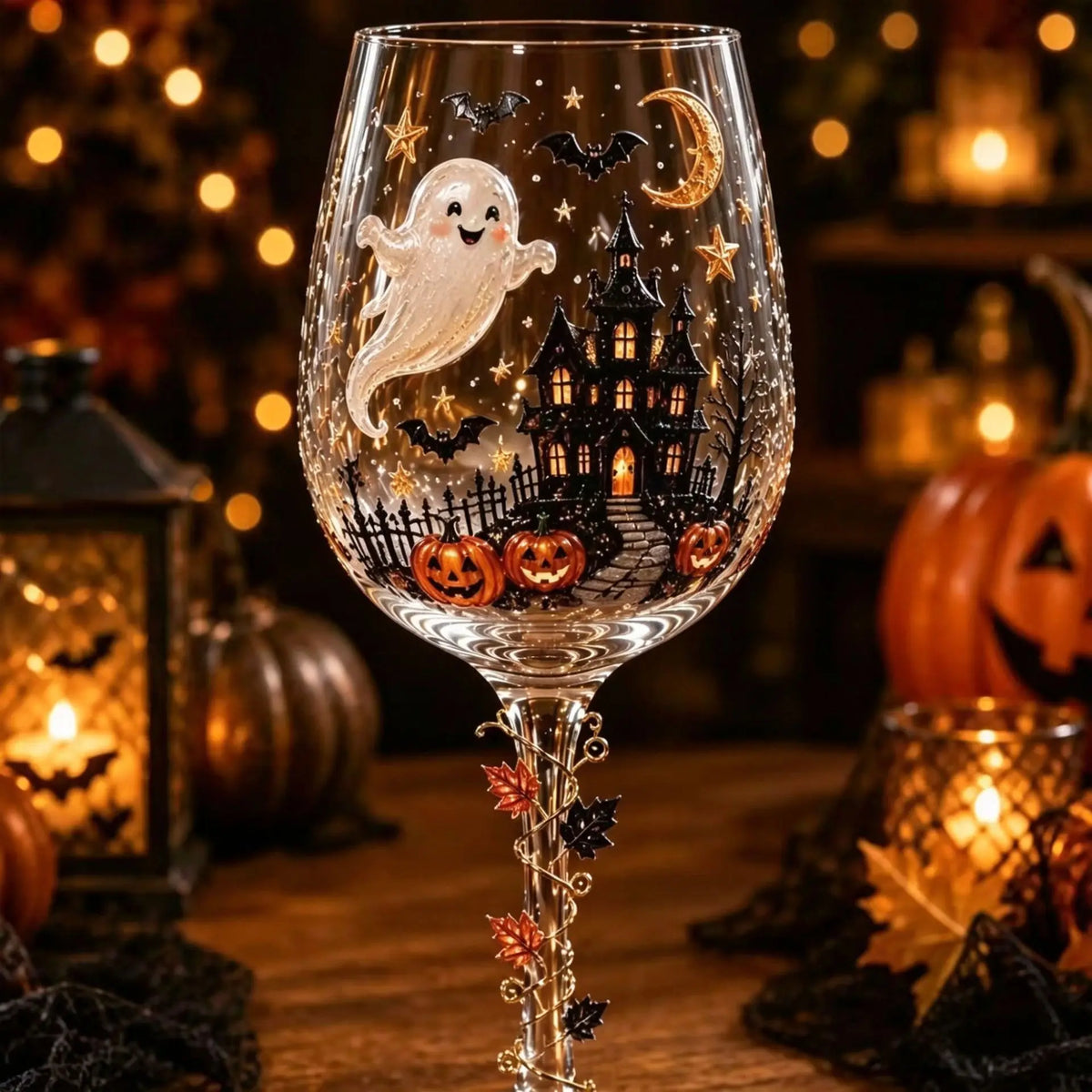 Spooky Halloween Wine Goblet with Sticker Design Witch Ghost Pumpkin Cat Decorative Stemmed Glass for Party Home Bar