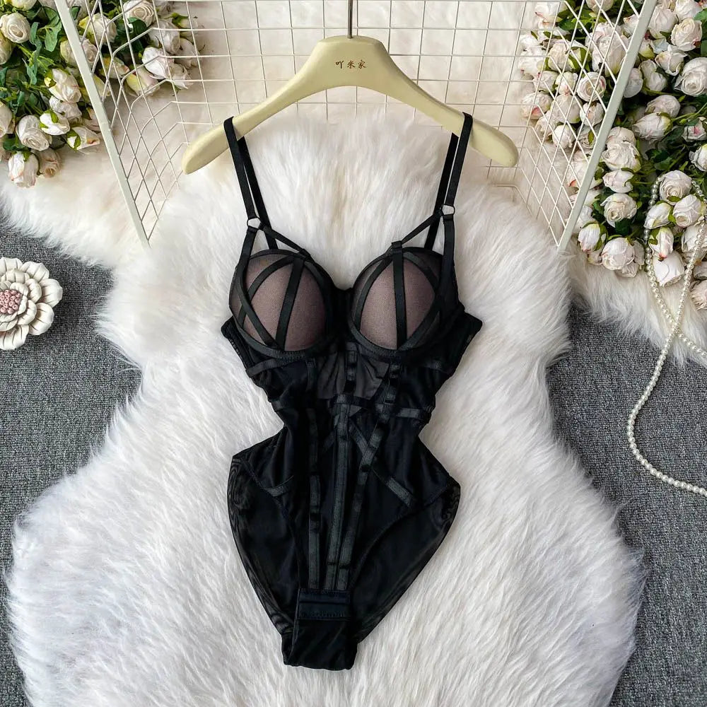 Sexy spicy girl with chest cushion jumpsuit women's summer new see through mesh slimming sexy niche design camisole vest