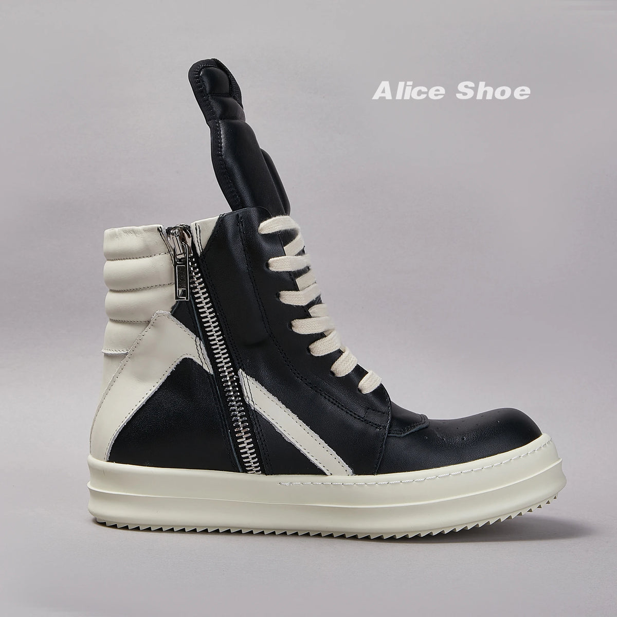 PENDRA Geobasket Shadow Black Leather High-Top Zip Thick-Sole Ankle Boots