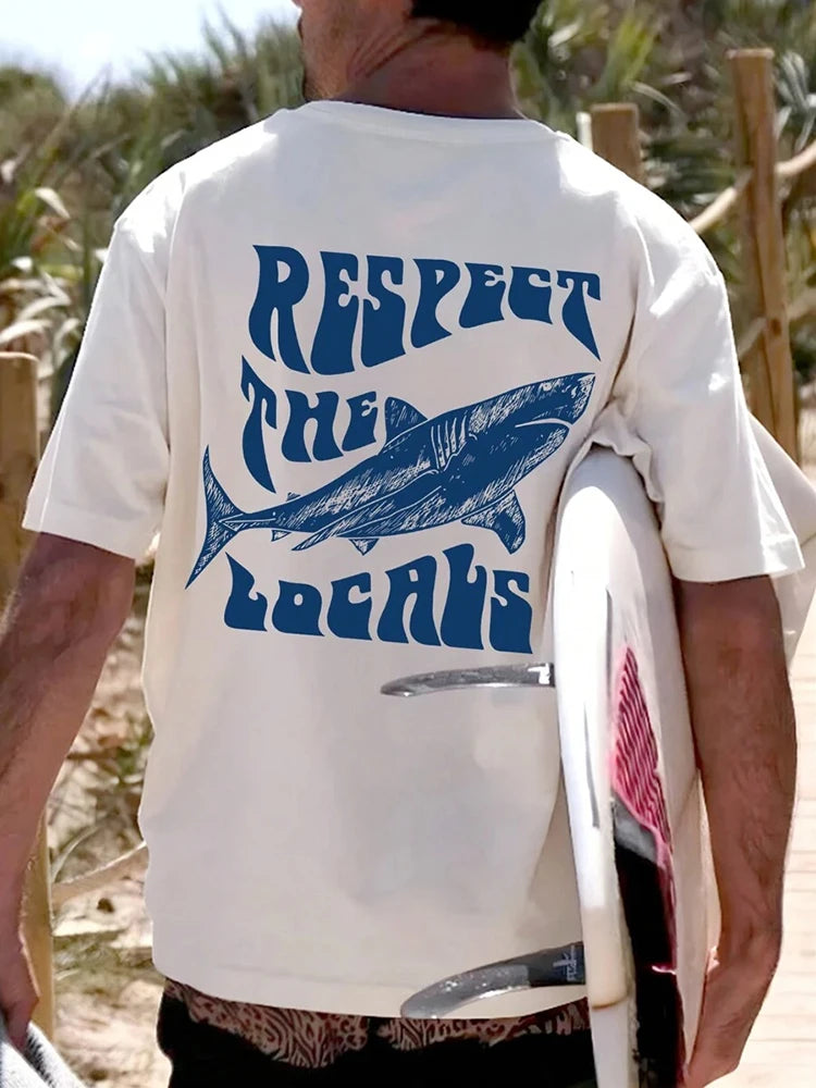 Summer Outdoor Casual Men's T-shirt Seaside Surf Men's Short Sleeve Letter Shark Print Men's T-shirt Daily Street Fashion T-shir