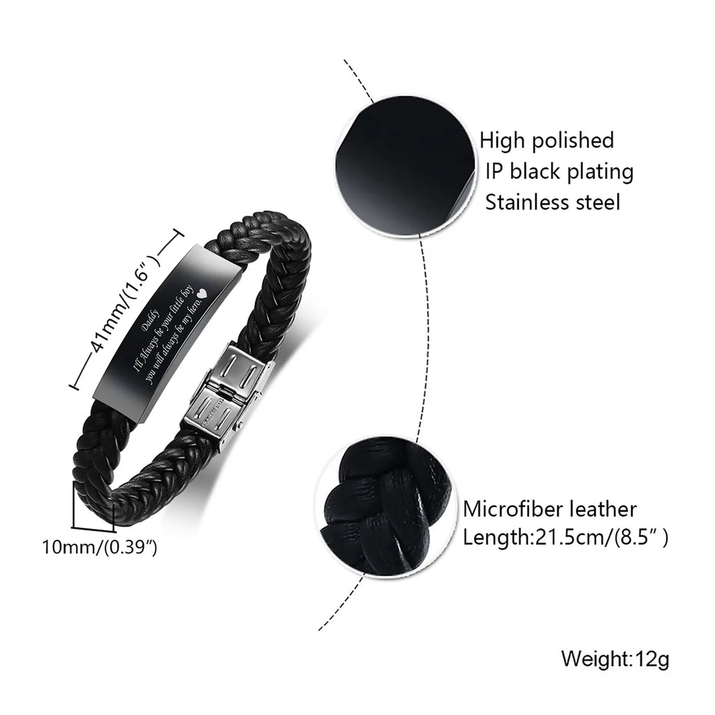 Black Leather Bracelet for Dad Him Men,Engraved Touching Words Stainless Steel Metal Wrsitband,Father's Day Gift