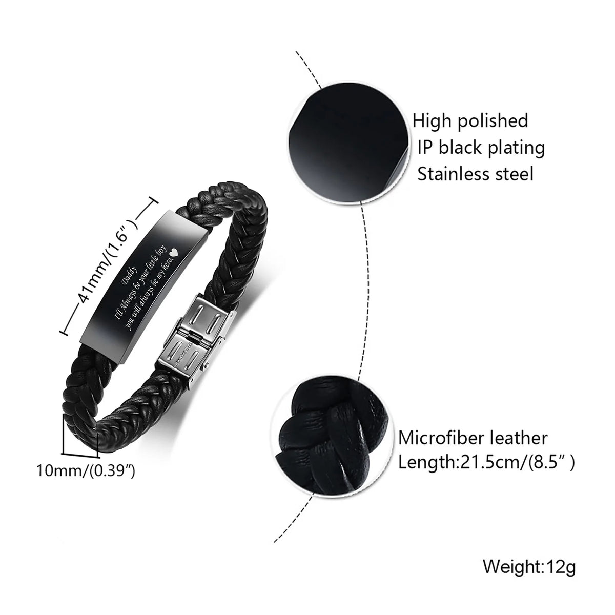 Black Leather Bracelet for Dad Him Men,Engraved Touching Words Stainless Steel Metal Wrsitband,Father's Day Gift
