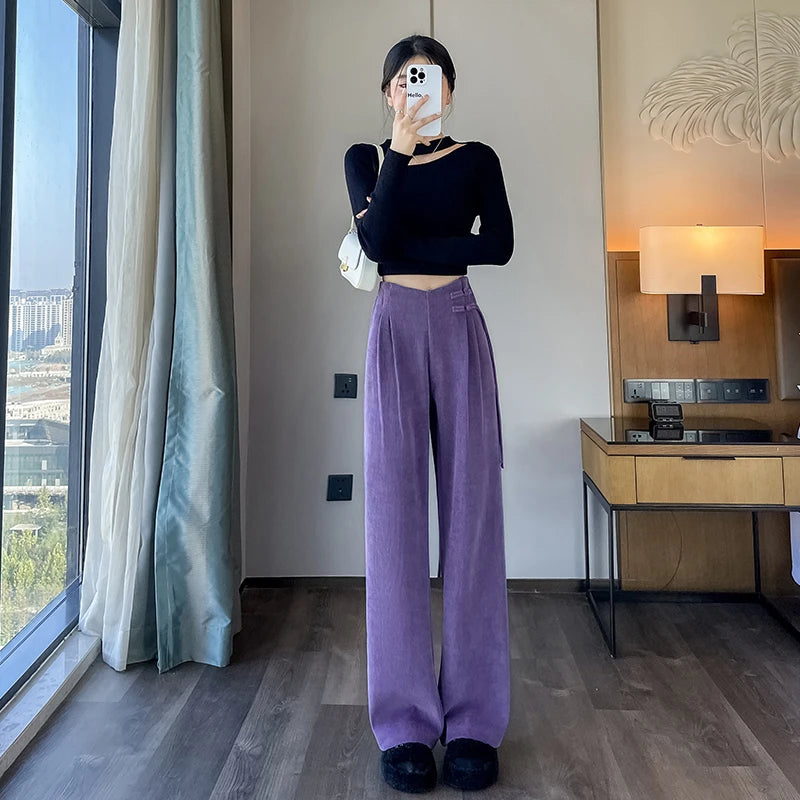Corduroy pants women autumn and winter new Chinese style buckle casual thick solid color versatile wide leg pants