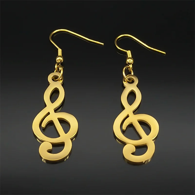 Simple Punk Music Note Stainless Steel Earrings For Women Gold Color Charms Hip Hop Music Party Gift Jewelry E1132S06