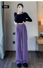 Corduroy pants women autumn and winter new Chinese style buckle casual thick solid color versatile wide leg pants