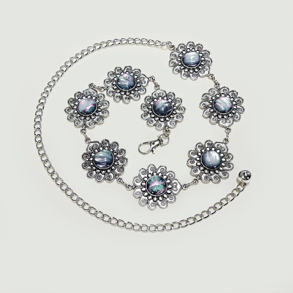 New Bohemian Coin Exaggerated Big Turquoise Waist Chain for Women Retro Ethnic Style Alloy Dance Waistband Female Body Jewelry