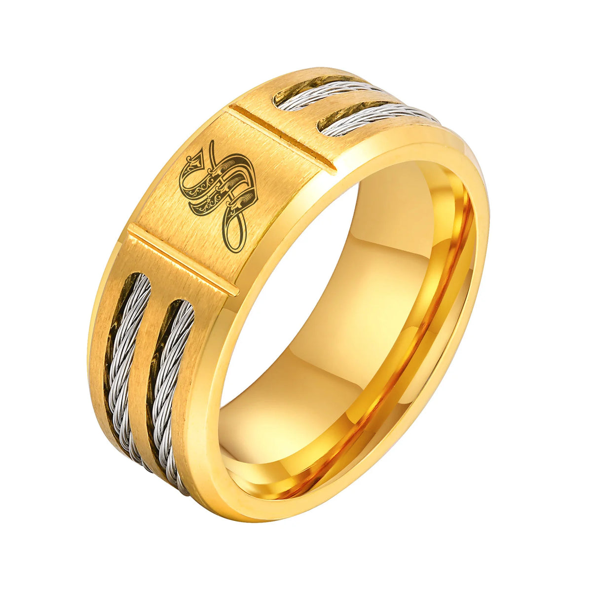 Chunky A-Z 26 Initials Ring for Men,Gold Color Stainless Steel Alphabet Ring with Wire,Stylish Wedding Jewelry Gifts for Him