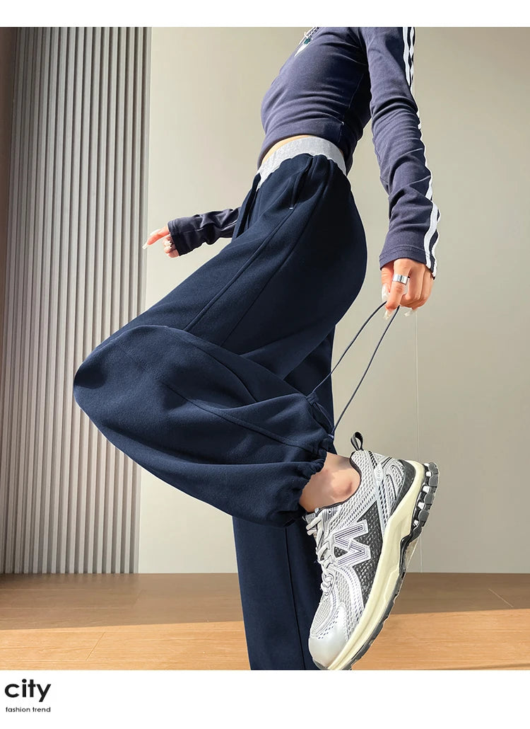 American style sports pants women in autumn and winter 2025 new style thick drawstring color blocking wide leg pants