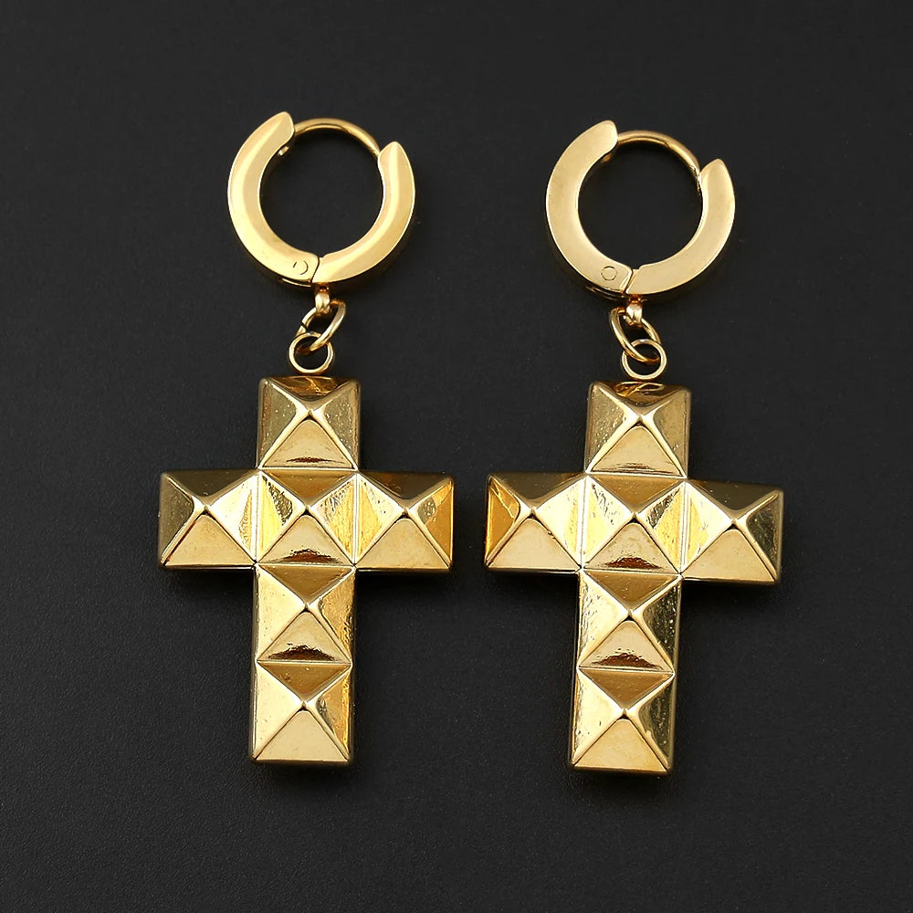 Stainless Steel Studded Rivet Cross Hoop Earrings Cool Punk Gothic Rock Pyramid Cross Drop Earrings for Men Women Goth Jewelry