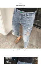 High Quality Stylish Low Rise Men's Designer Clothes New Blue Embroidered Jeans for Men Slim Kpop Style Students Cowboy Pants