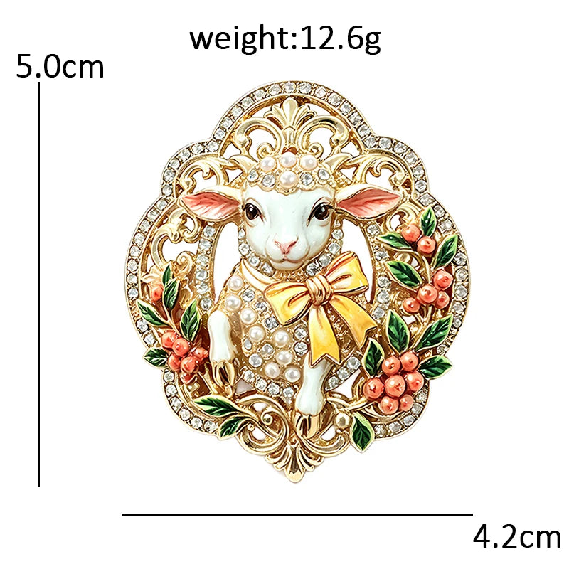 PENDRA Opal Enamel Rhinestone Sheep Brooch