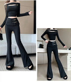 High end black micro flared pants women's autumn and winter fashion design high waisted casual slim and versatile pants
