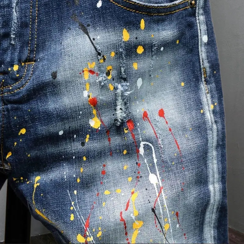 New High Quality Men's Clothing Casual Slim Pencil Pants Distressed Paint Patch Color Ink Graffiti Designer Long Jeans Trousers