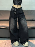 American Vintage Distressed Washed Letter Embroidery Loose Jeans Y2K Street Fashion Versatile Black Wide-Leg Pants For Women