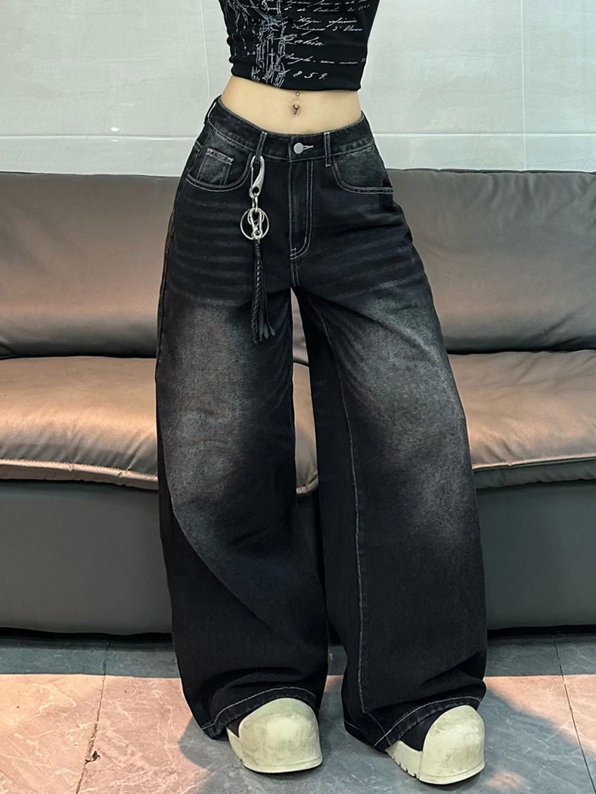 American Vintage Distressed Washed Letter Embroidery Loose Jeans Y2K Street Fashion Versatile Black Wide-Leg Pants For Women