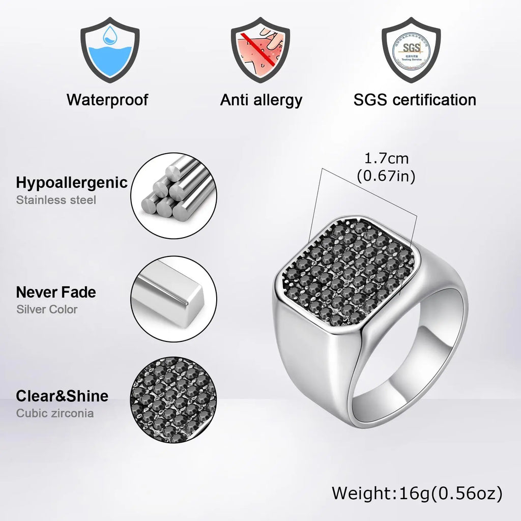 Stylish Men's Stainless Steel Ring,Black AAA Crystal Zircon Square Ring Thumb Ring,Anniversary Birthday Fatehr Gift