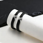 Stainless Steel Infinity Black Leather Bracelet for Men,High Quality Microfiber Leather Wristband,Gift for Husband Dad Him