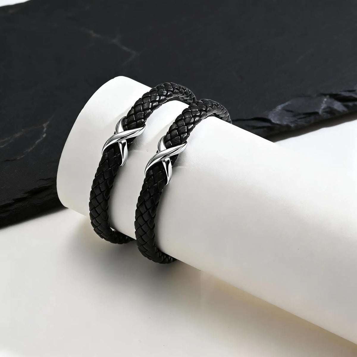 Stainless Steel Infinity Black Leather Bracelet for Men,High Quality Microfiber Leather Wristband,Gift for Husband Dad Him