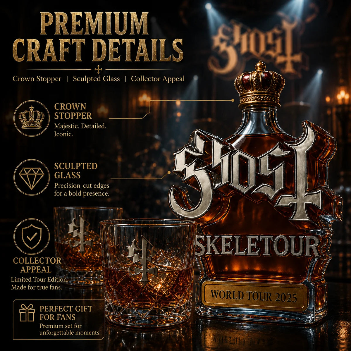 Ghost Skeletour World Tour Whiskey Decanter Gift Set, Glass Liquor Bottle with Tumbler Cups, Fan Collection Decor