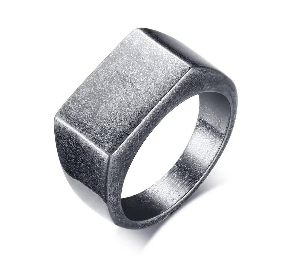 Retro Grey Rectangle Ring for Men Boys,Oxide Silver Color Stamp Rring Thumb Ring Chunky Ring,Stainless Steel Ring Gifts