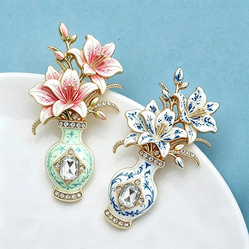 PENDRA Violetta 2-Color Enamel Rhinestone Lily Vase Brooch