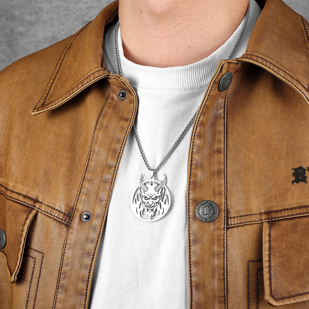 Hell Demon Satan Hollow Men Necklaces Stainless Steel Pendant Sweater Chain Women Punk Jewelry Accessories Halloween Gifts