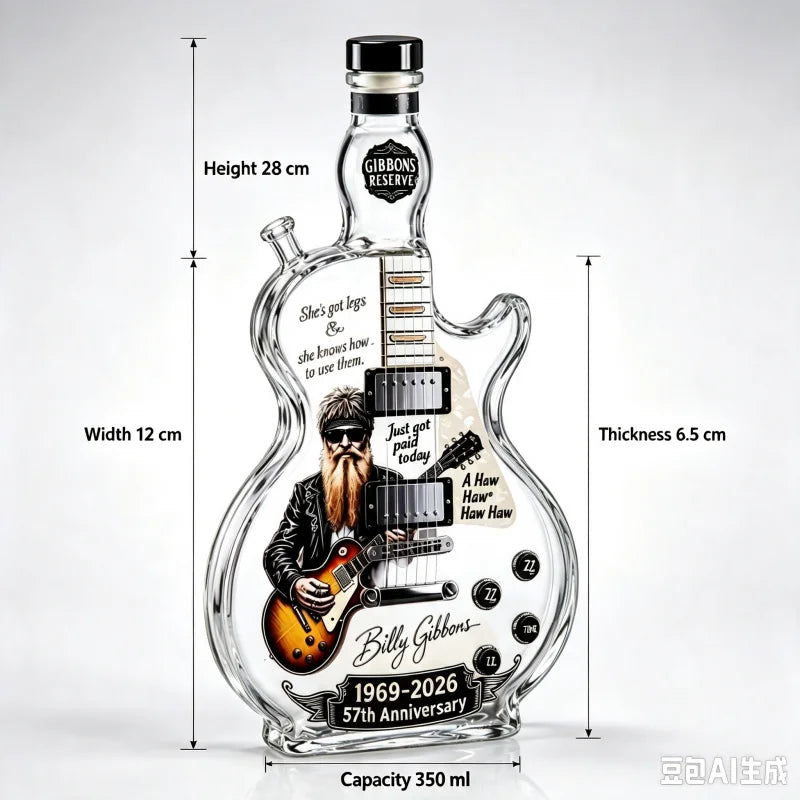 Billy Gibbons Guitar Glass Whiskey Decanter 1969-2026 Anniversary Decorative Liquor Bottle Music Lover Gift