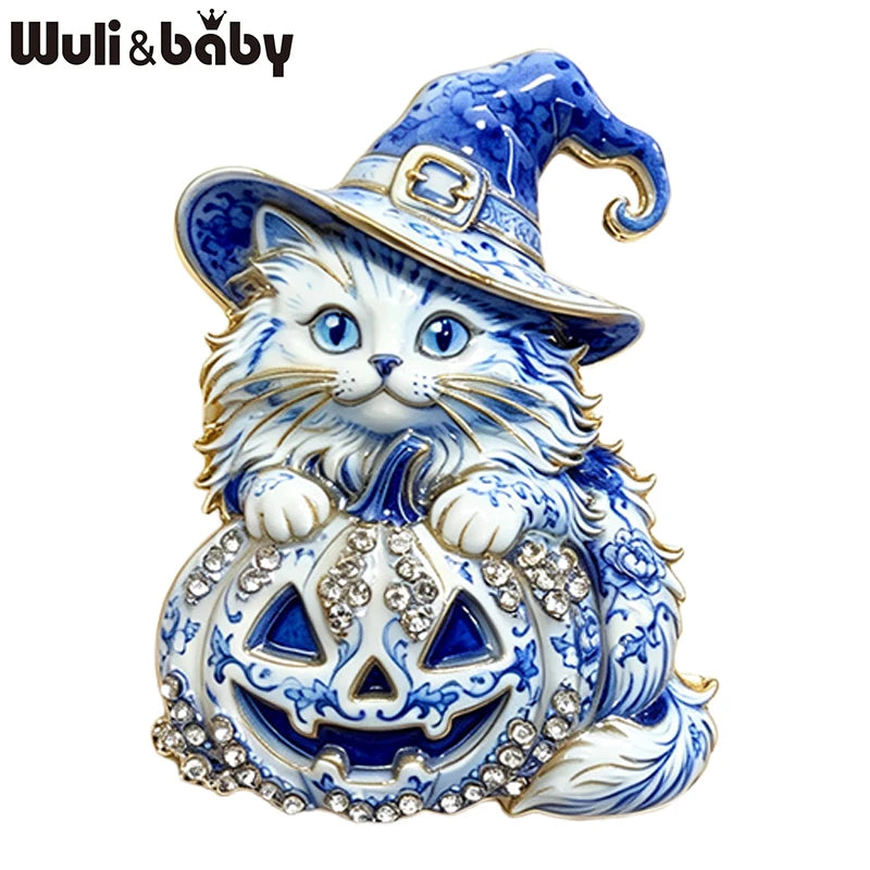 PENDRA Witch-Hat Pumpkin Cat Brooch