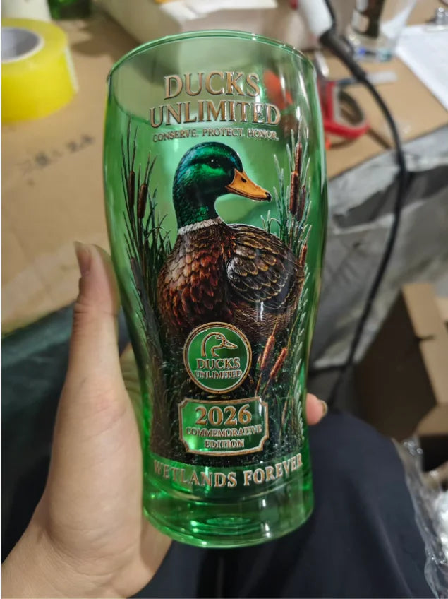 Vintage Ducks Unlimited Style Duck Print Clear Glass Cup Hunting Wildlife Themed Tumbler For Beer Coffee Bar Decor