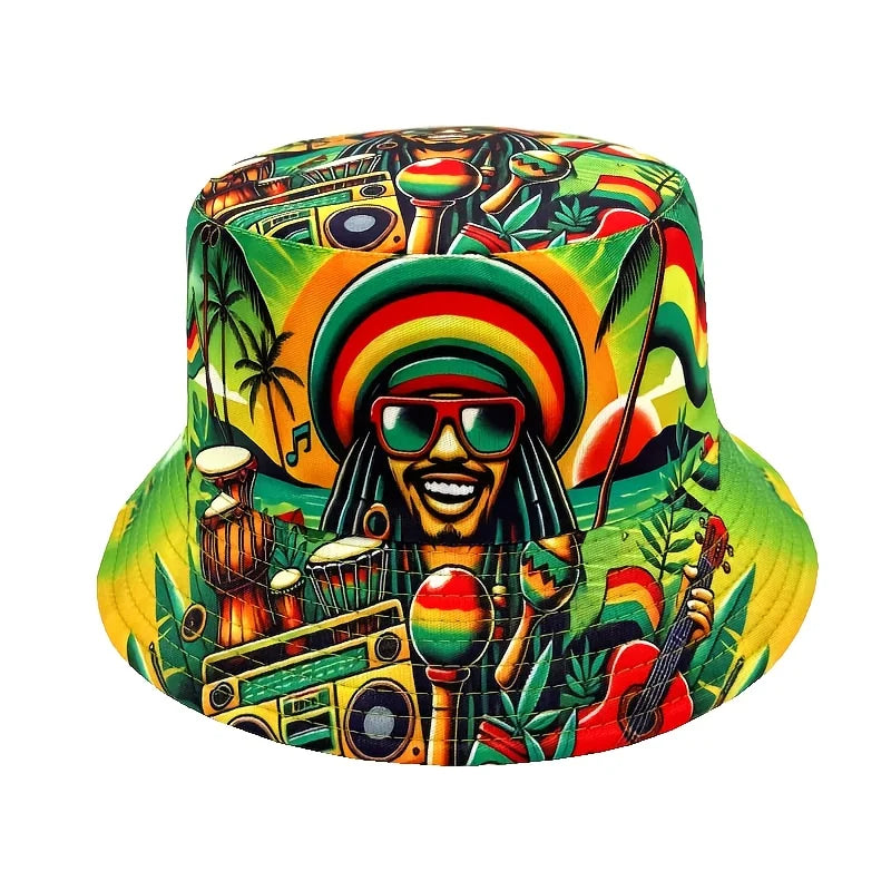 PENDRA Hip-hop Jamaican Character Print Double-sided Bucket Lightweight Fisherman Bucket Hat