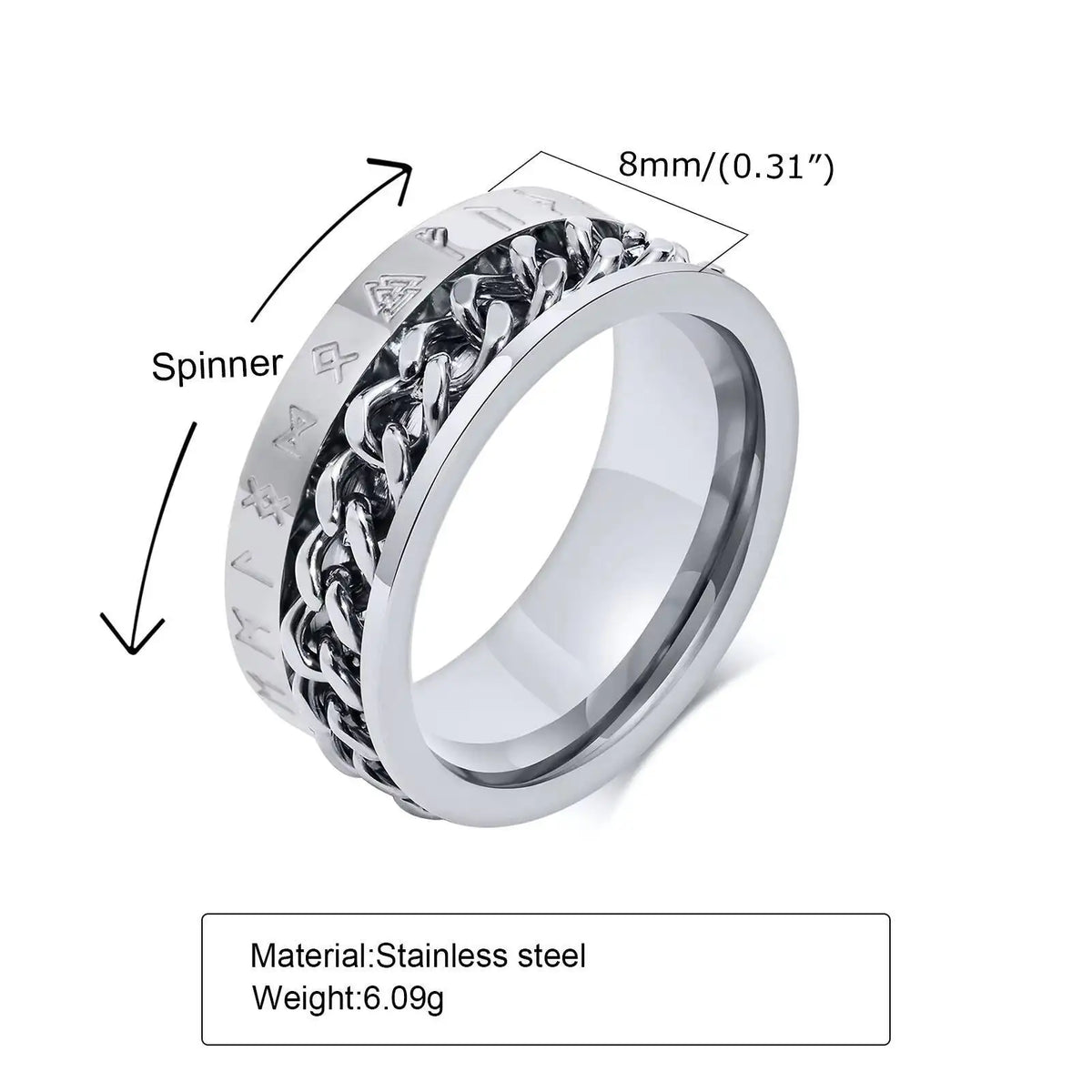 Viking Rune Chain Spinner Ring for Men,Stainless Steel Rotatable Ring,Vintage Norse Stress Relief Jewelry Gift