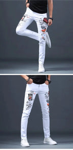 Spring Summer White Hot Drill Ripped Cowboy Korean Style Streetwear Men Washed Luxury Holes Slim Hip-hop Stylish Jeans Trousers