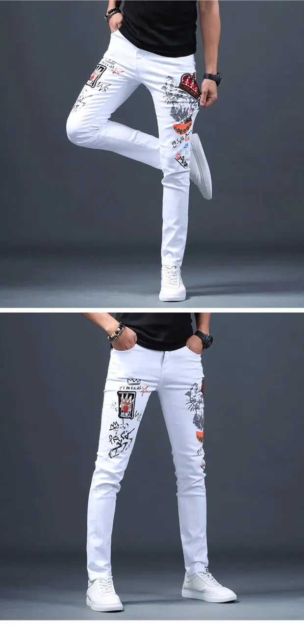 Spring Summer White Hot Drill Ripped Cowboy Korean Style Streetwear Men Washed Luxury Holes Slim Hip-hop Stylish Jeans Trousers