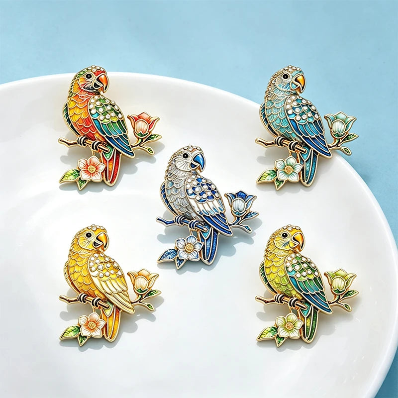 PENDRA Blooming Parrot Rhinestone Brooch