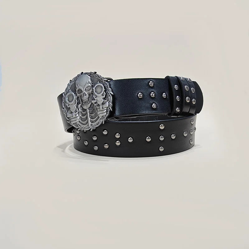 Unisex Jeans Belt For Men and Women Skull hold guns Bucket Gothic Women's Belt Female Designer Black Rivet Punk Accessory Male