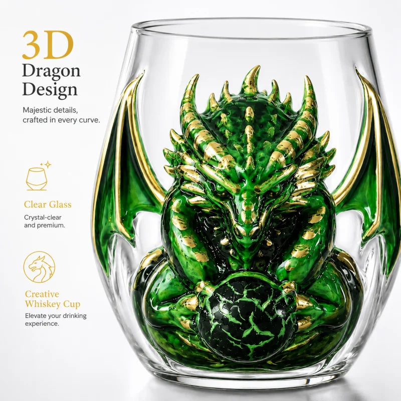 Mythical Green Dragon Whiskey Tumbler Cup Double‑Layer High Borosilicate Glass 3D Dragon Sculpture Drinking Glasses  Decoration