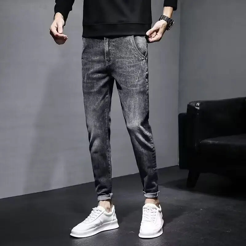 Autumn 2025 New Jeans Men's Trendy Brand Retro Casual Trousers Student Fashion Printing Elastic Skinny Jeans Men Trousers